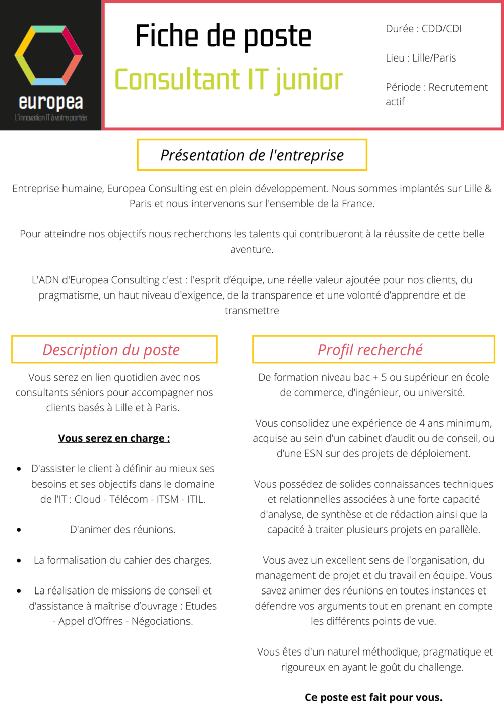 Fiche de poste consultant IT Junior