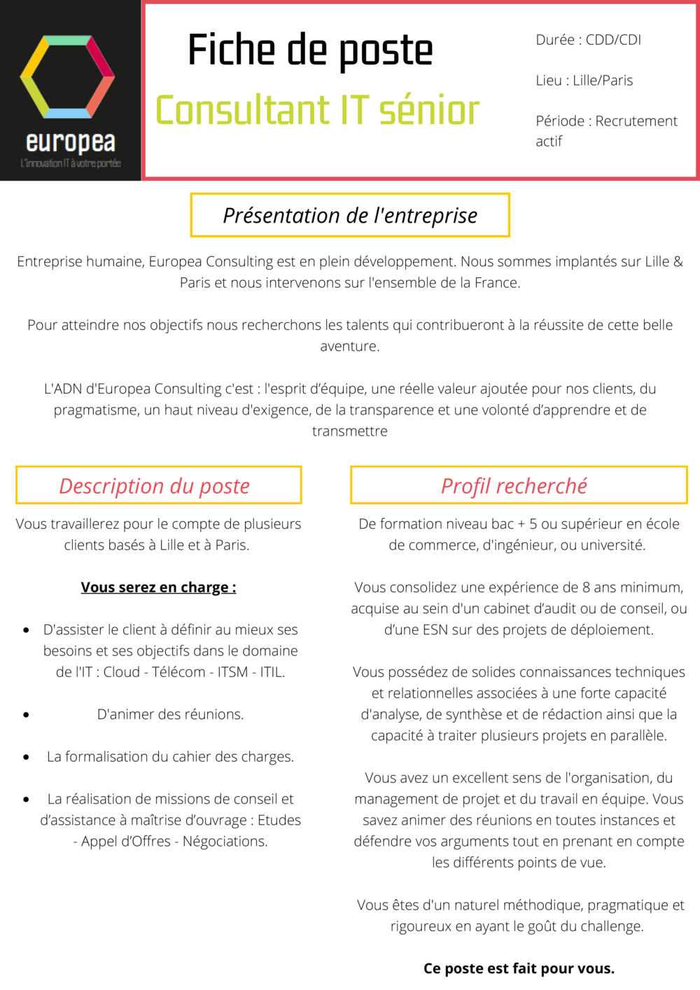 Fiche de poste consultant IT Senior